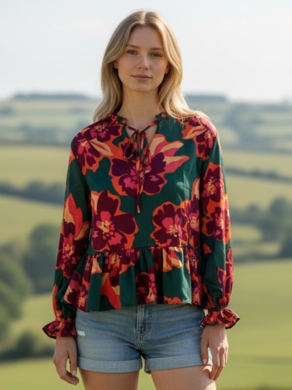 Umgee Bold Floral Silky Blouse in Green and Orange